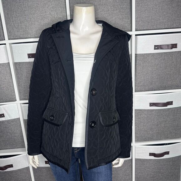 Esprit Black Quilted Button Front Hooded Jacket Size Small - Picture 11 of 11